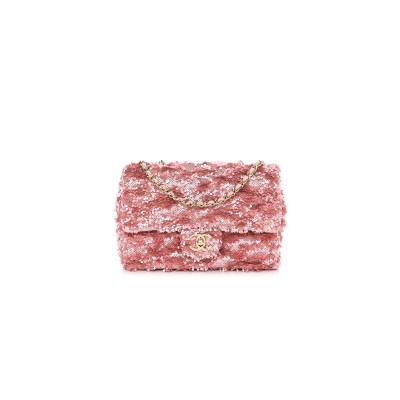 CHANEL FLAP BAG SEQUINS & GOLD-TONE METAL GOLDEN & PINK AS4561 (21*14*8cm)